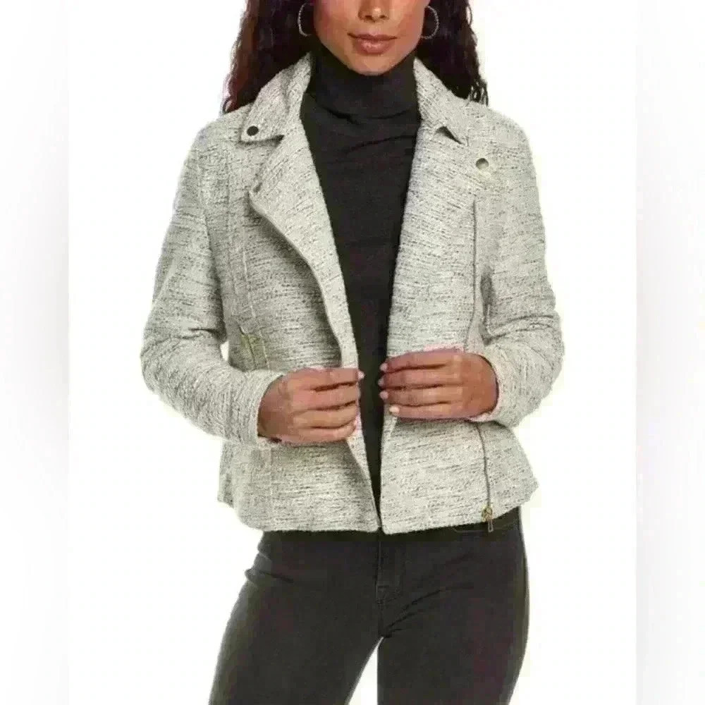 NWT Jaclyn Smith Wool Blend Tweed Moto Jacket Gold Accents Med Item#3K